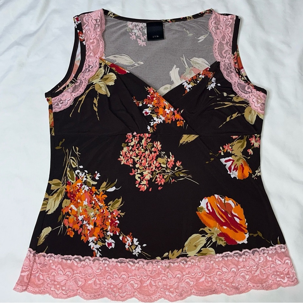 Y2K j.t.b. Floral Print Lace Trim Mock Wrap V Neck Top L Pink Brown Boho Spring - Picture 9 of 15